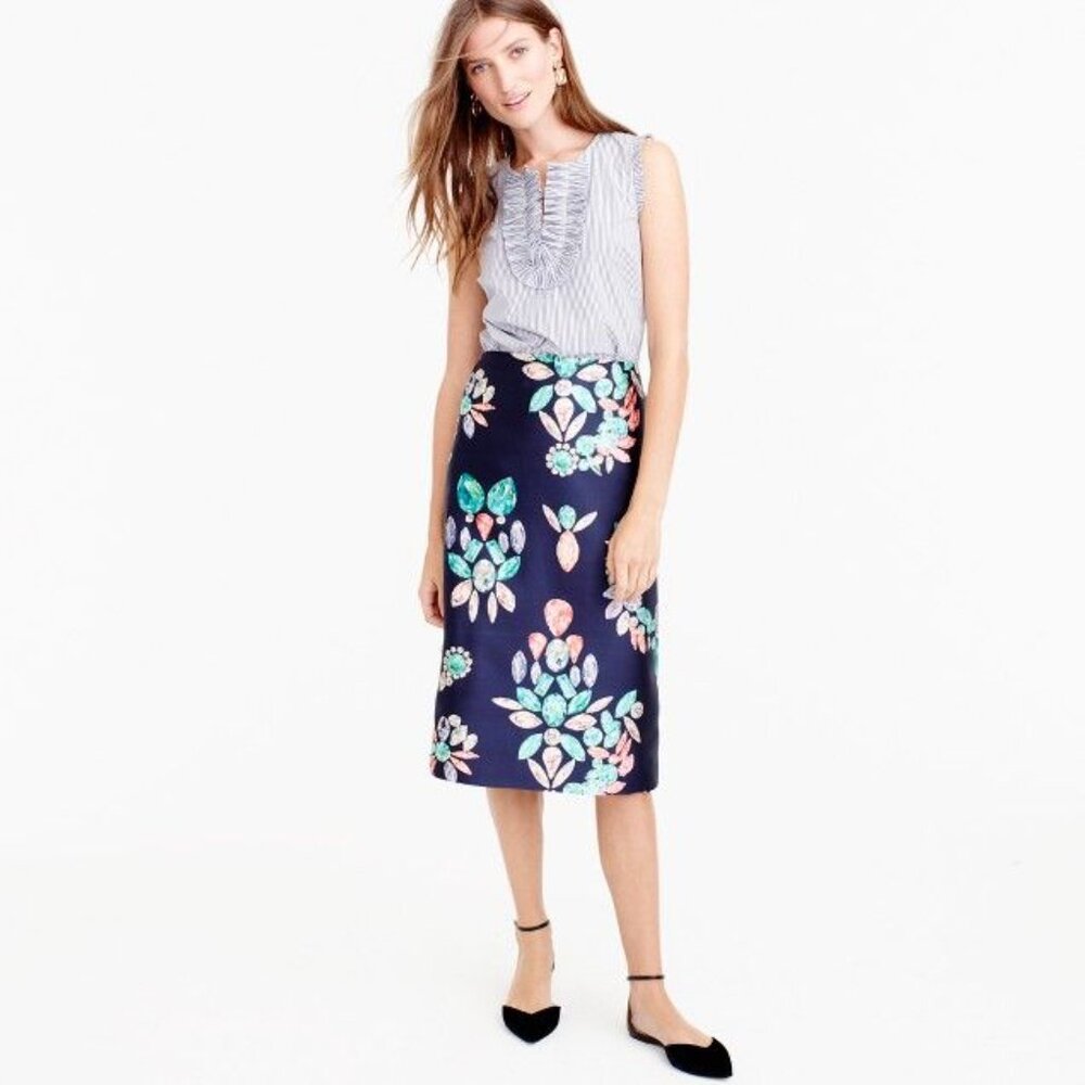 J. Crew Collection Silk-Wool Twill Skirt in Painted Gemstone Print, NEW!